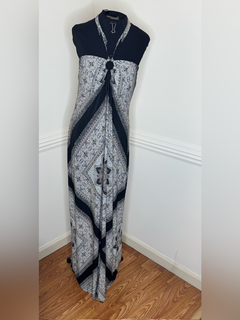 Saint Tropez West Black, White and Gold Printed Strapless Maxi Dress